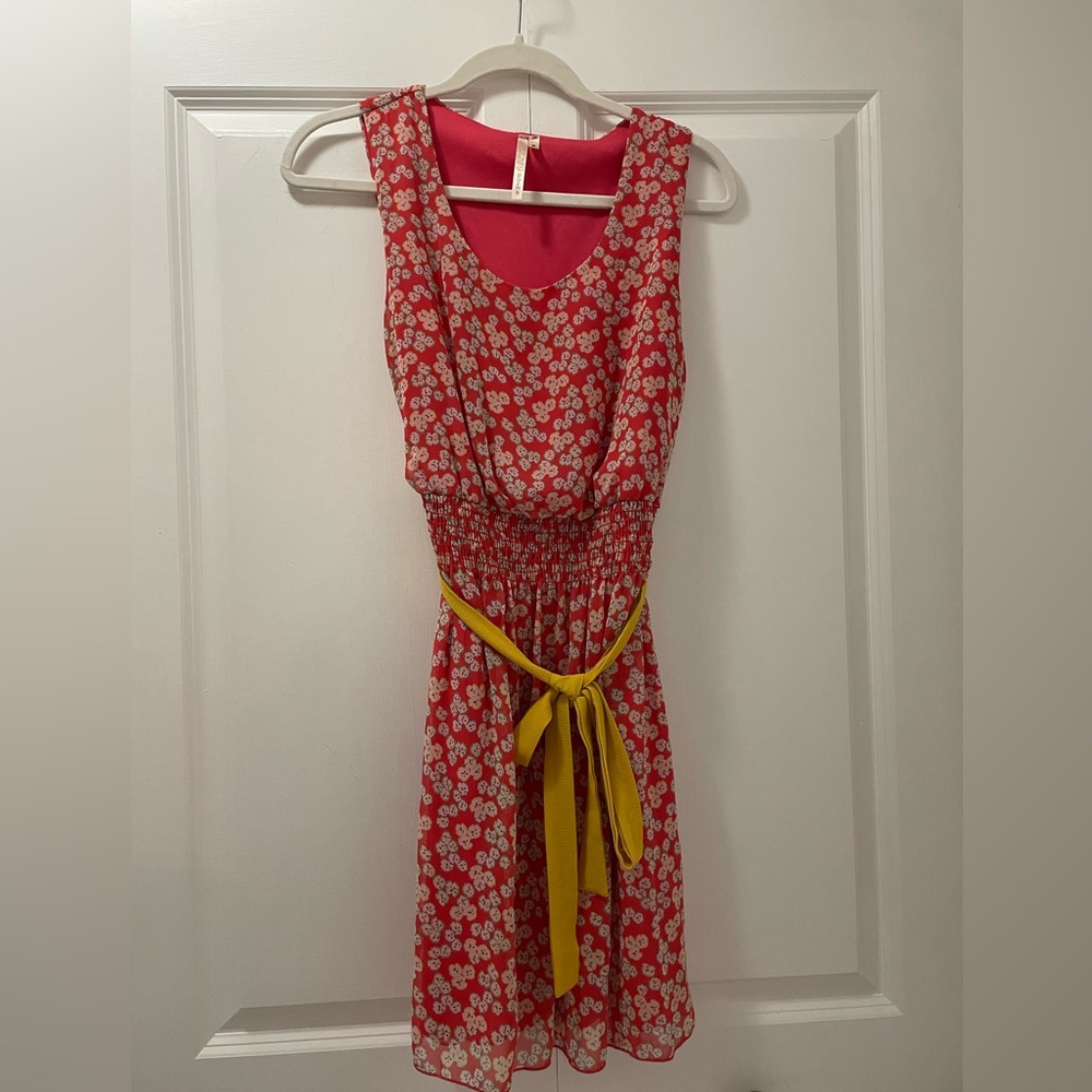 Classic Poema Fully Lined Pink Floral Dress with Bright Belt & Elastic Waist